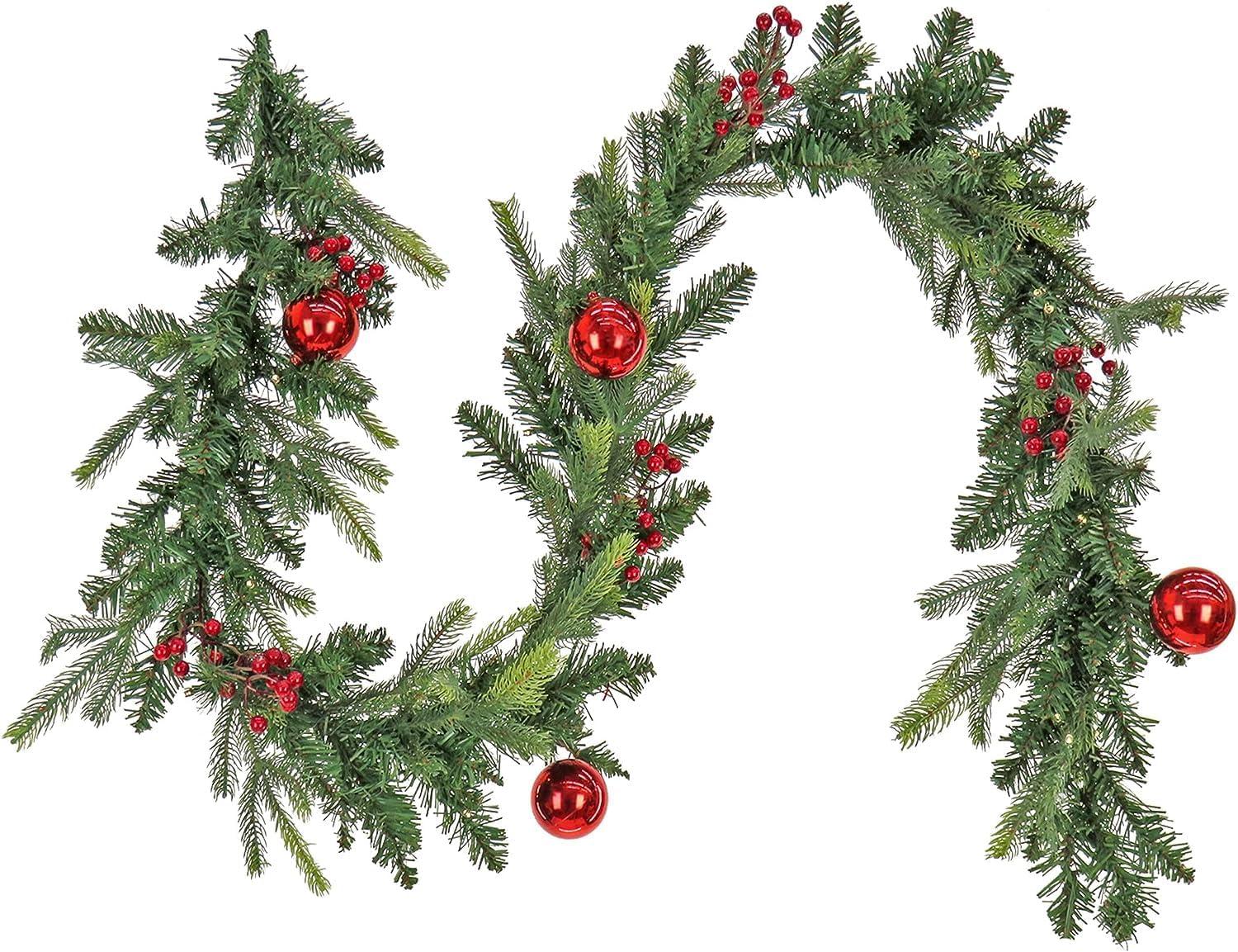 National Tree Company First Traditions Pre-Lit Christmas Garland with Red Ornaments and Berries, Warm White LED Lights, Battery Operated, 6 ft