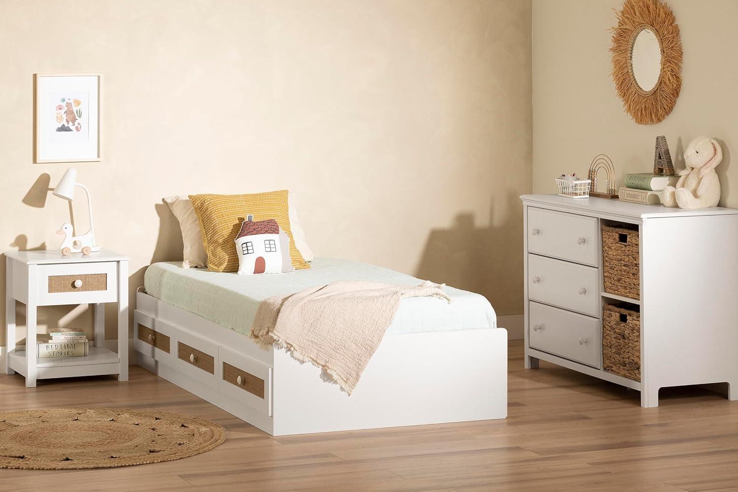 South Shore Bloom, Bohemian Harmony Twin Mates Bed with 3 Drawers, White and Faux Printed Rattan