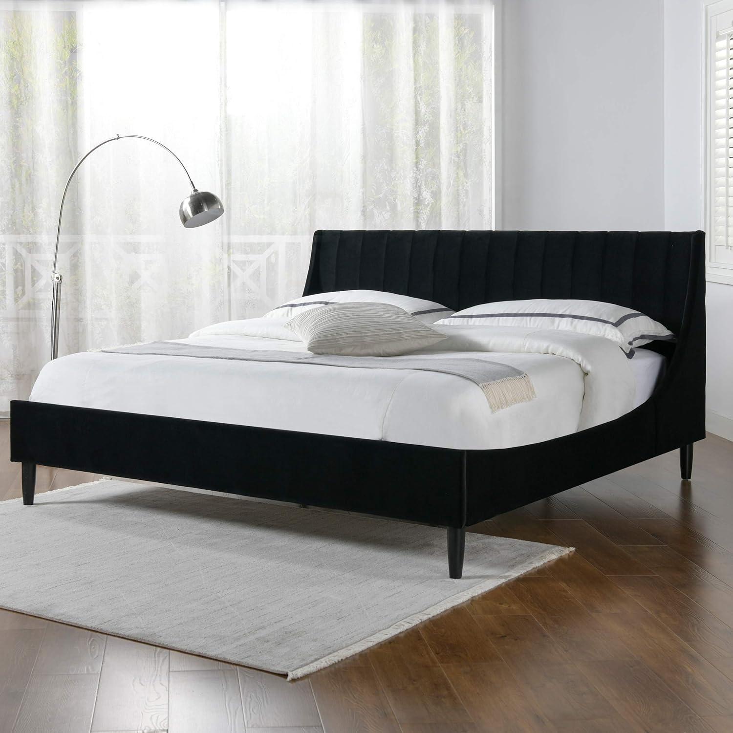 Aspen Vertical Tufted Headboard Platform Bed Set King Anthracite Black Velvet