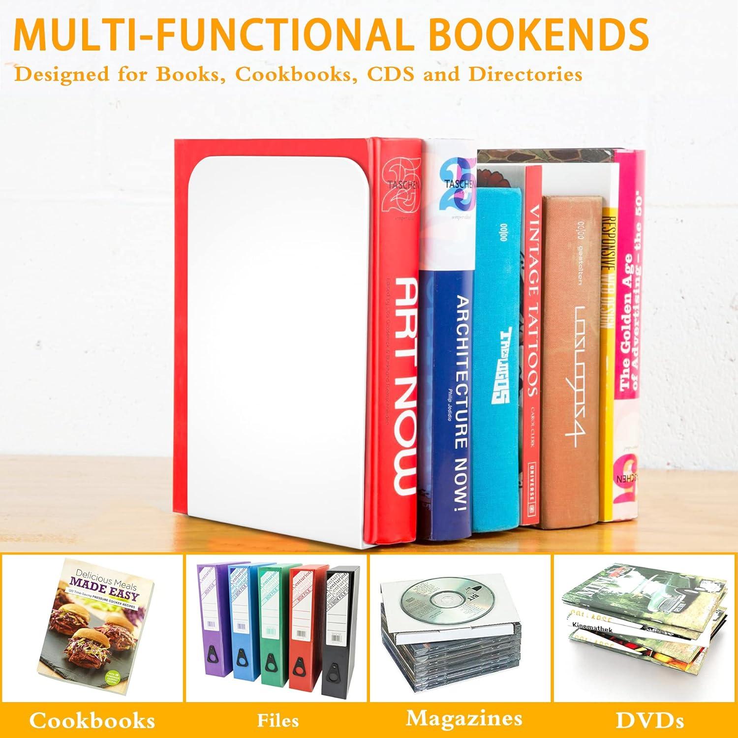 VFINE White Bookends 2 Pair, Metal Shelf Book Ends, Bookends for Shelves, Book Stopper for Heavy Books, Book Dividers for Home Office