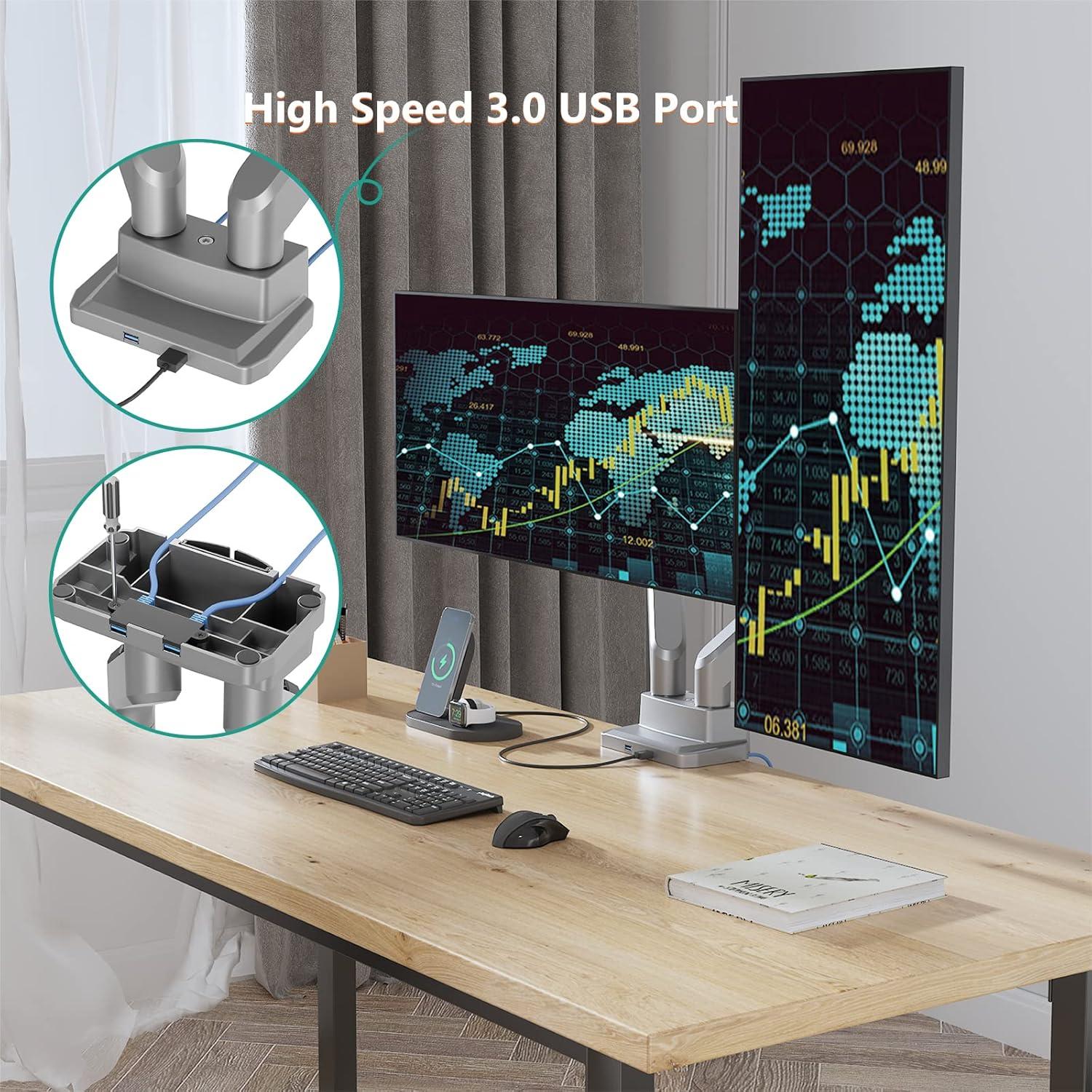 Silver Dual Monitor Adjustable Gas Spring Desk Mount with USB Ports