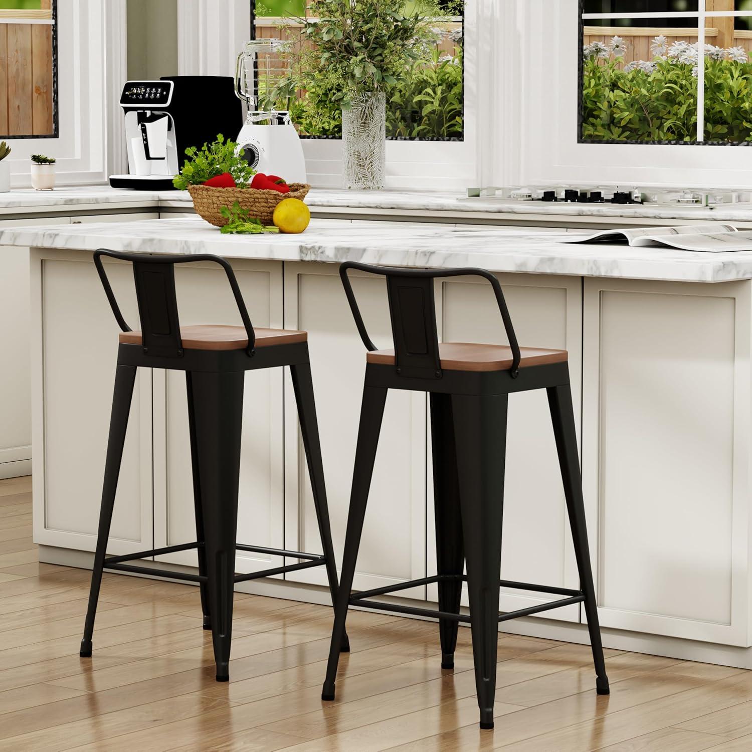 Stools Set of 4 Counter Height  Stools Metal Barstools with Removable Back 30" Kitchen  Stools with Wooden Seat