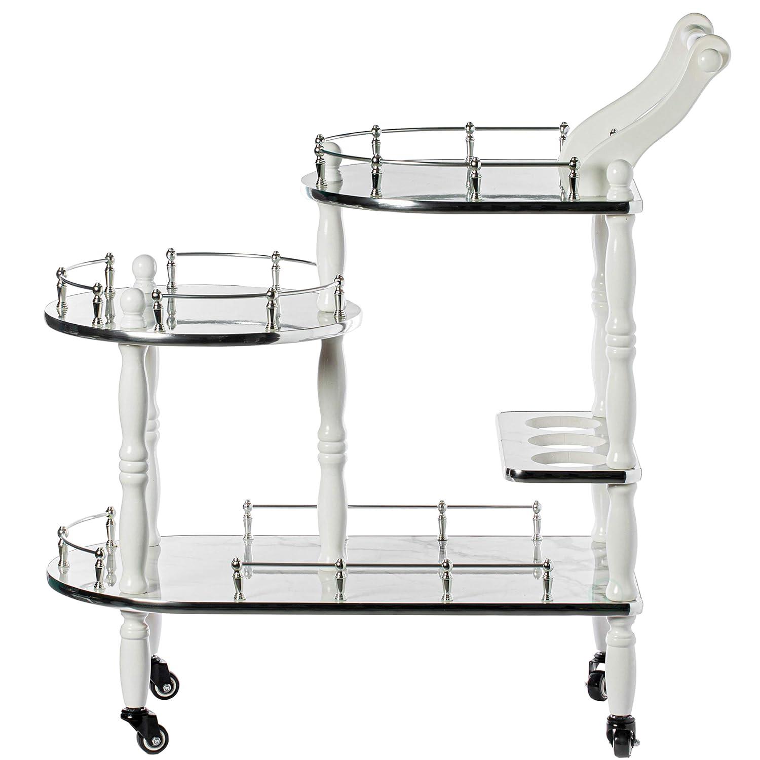 Fabulaxe Wood Serving Bar Cart Tea Trolley with 3 Tier Shelves and Rolling Wheels, Silver, White and Gray