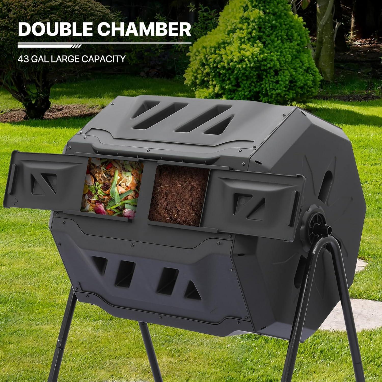 43 Gallon Dual Chamber Compost Tumbler, Tumbling Rotating Composter, with 2 Sliding Doors and Gloves