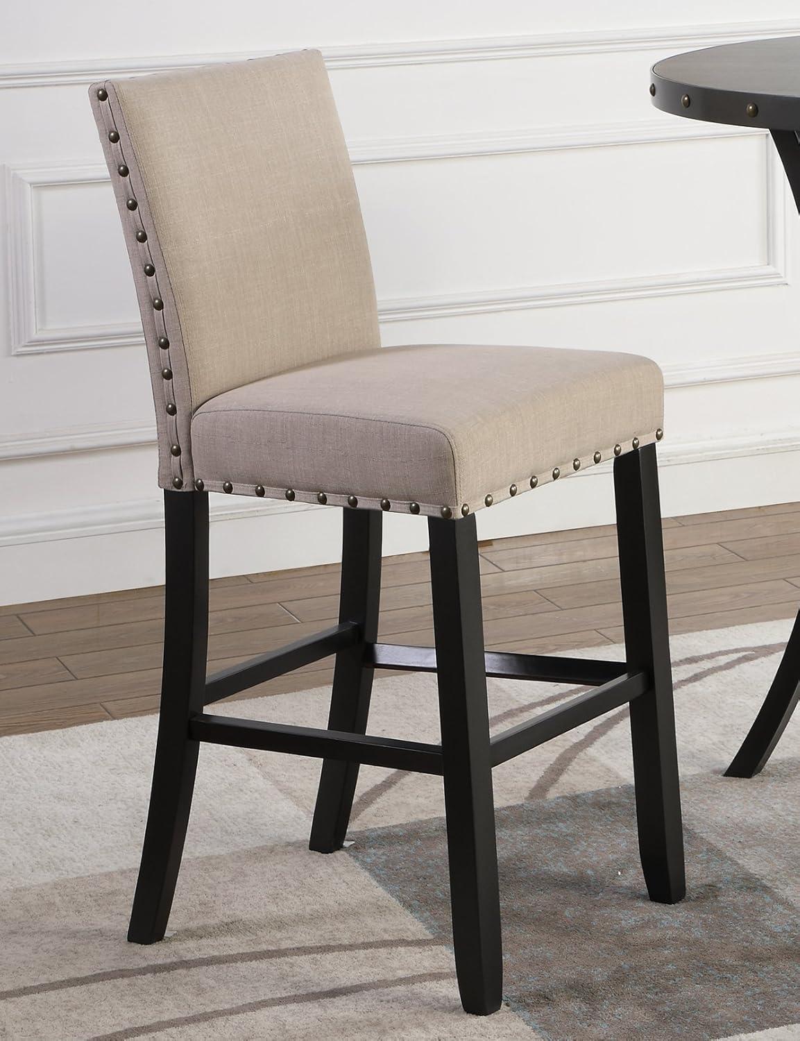 Roundhill Furniture Biony Fabric and Wood Bar Stool, Tan, Upholstered Back, Set of 2, 29"