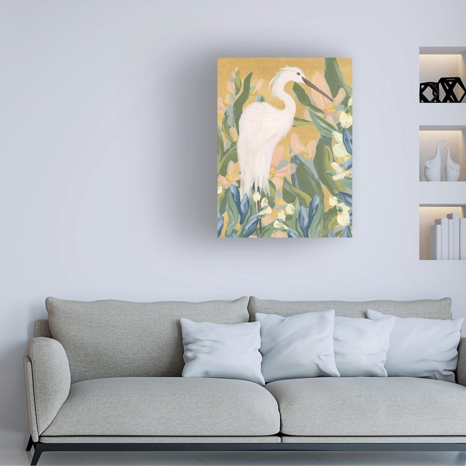 Floral Egret II White Bird Canvas Art with Wood Frame