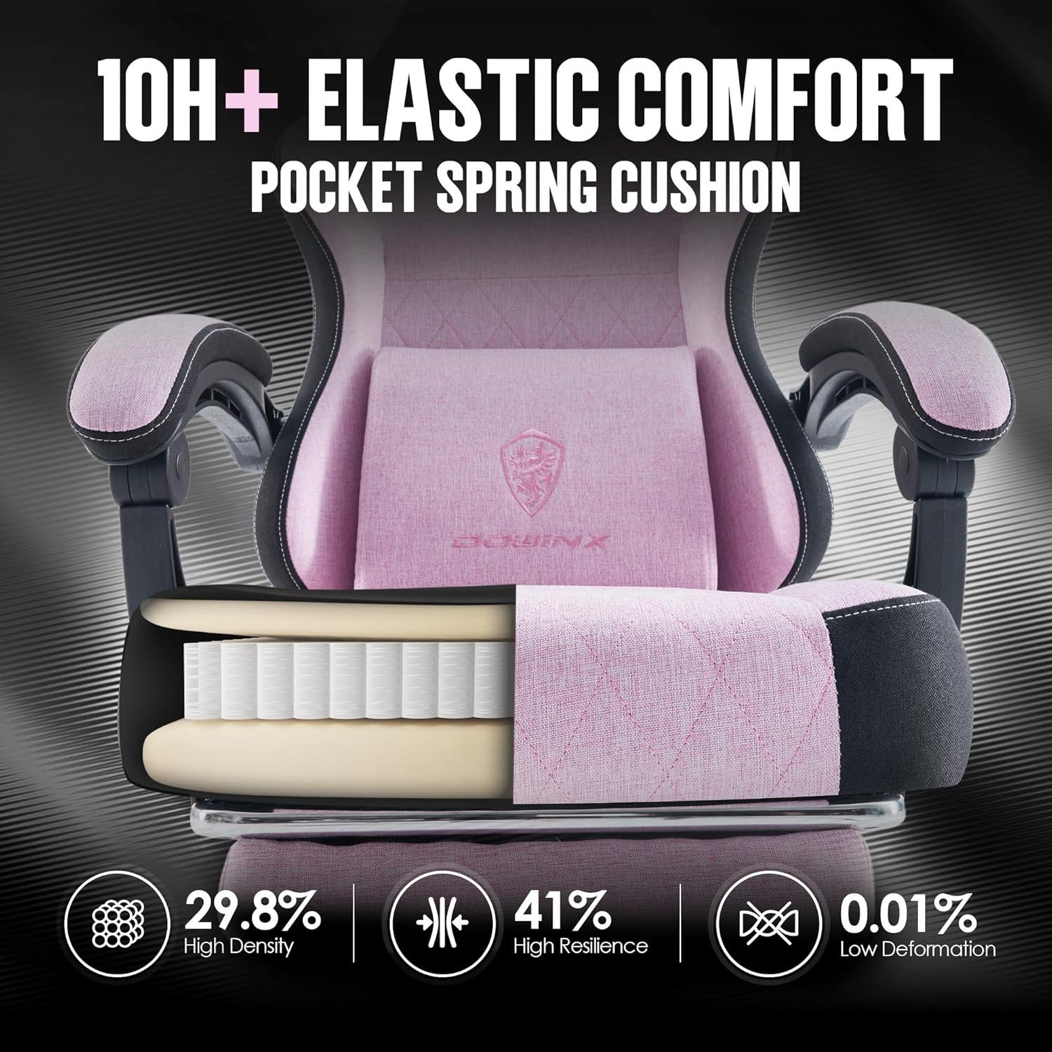 Dowinx Fabric Gaming Chair with Massage Lumbar Support, High Back Ergonomic Computer Chair with Footrest for Adult, Pink