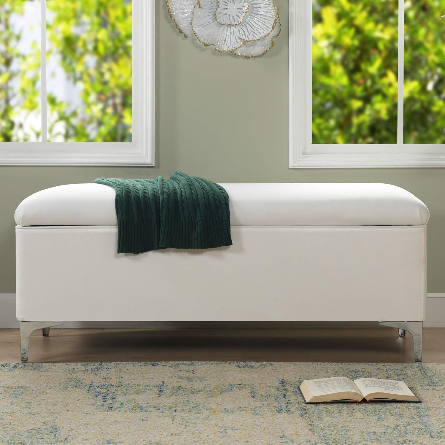 Madelyn Bright White Pine Wood Upholstered Storage Bench