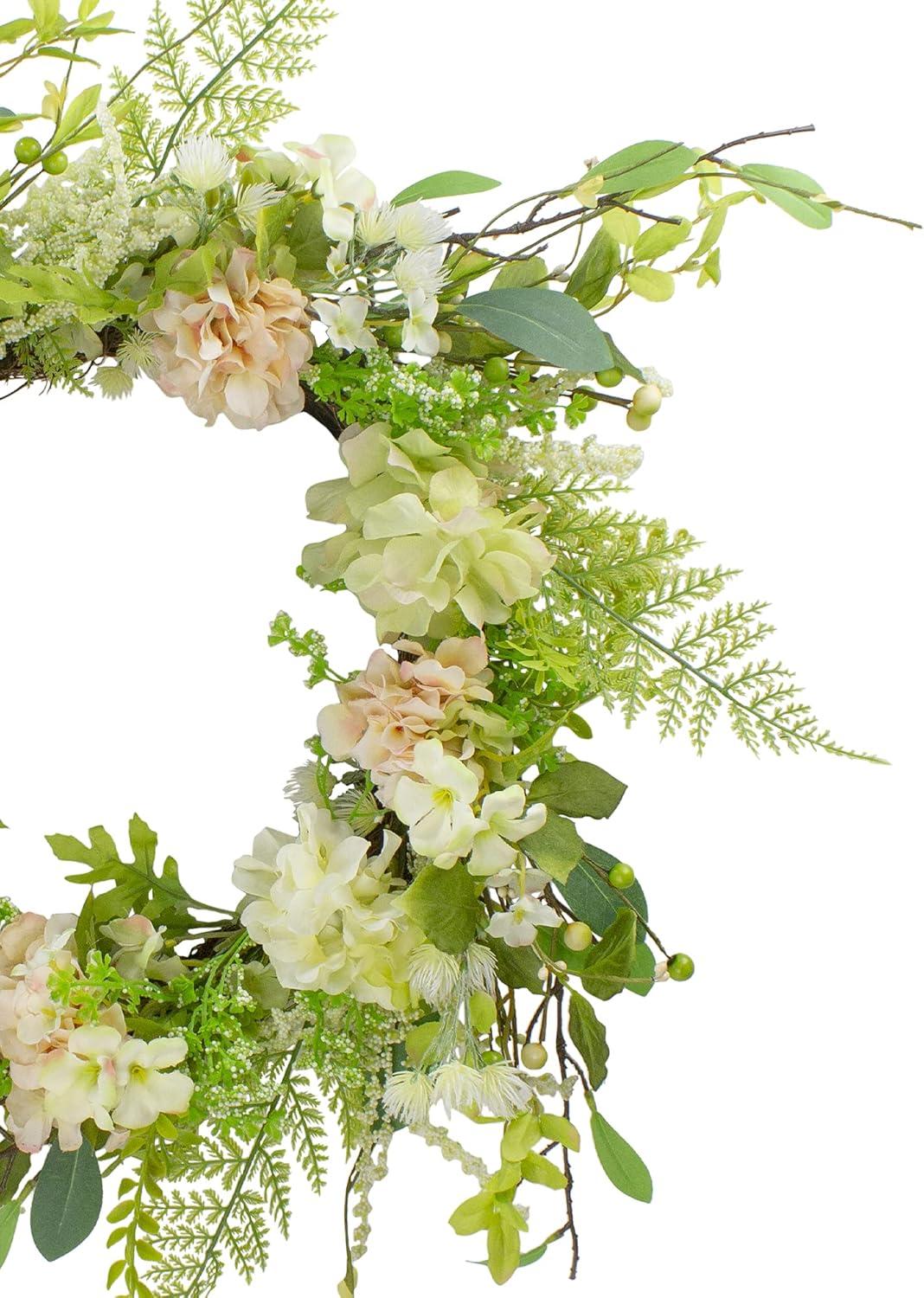 Northlight Hydrangea and Fern Spring Floral Berry Wreath-  28" - Green and Pink