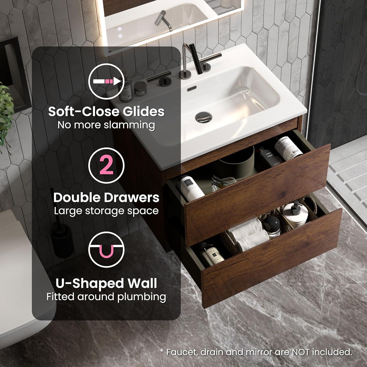 CITTANEO 24" Floating Modern Bathroom Vanity with 3-Hole Ceramic Sink in Walnut