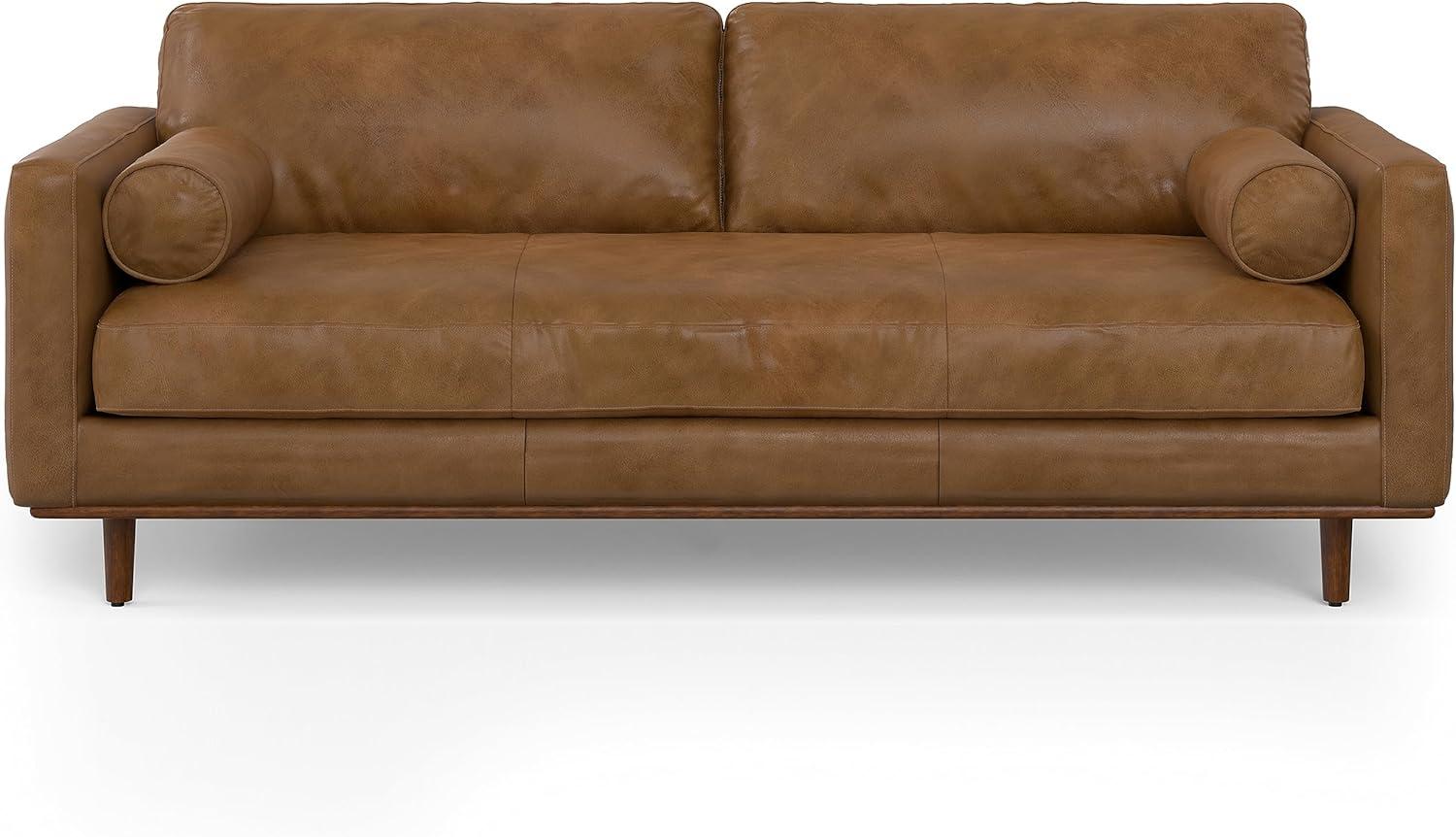 Simpli Home Morrison Genuine Leather Sofa, Mid-Century Modern Couch for Living Room, Handcrafted with Removable Cushions