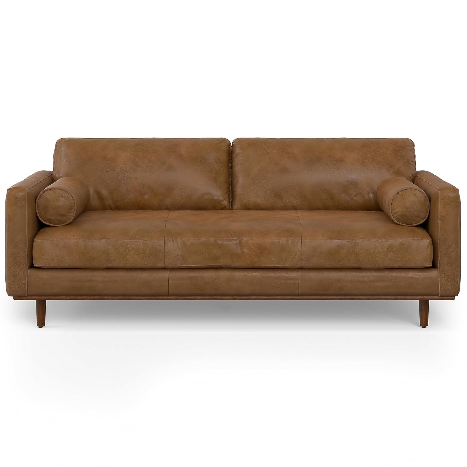 Simpli Home Morrison Genuine Leather Sofa, Mid-Century Modern Couch for Living Room, Handcrafted with Removable Cushions