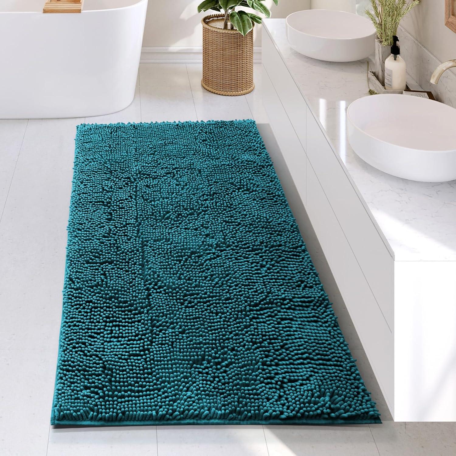 Hearth & Harbor Bathroom Rugs, 2 Piece Chenille Bath Mat Set - Teal Bath Rug, 17x24-20x32