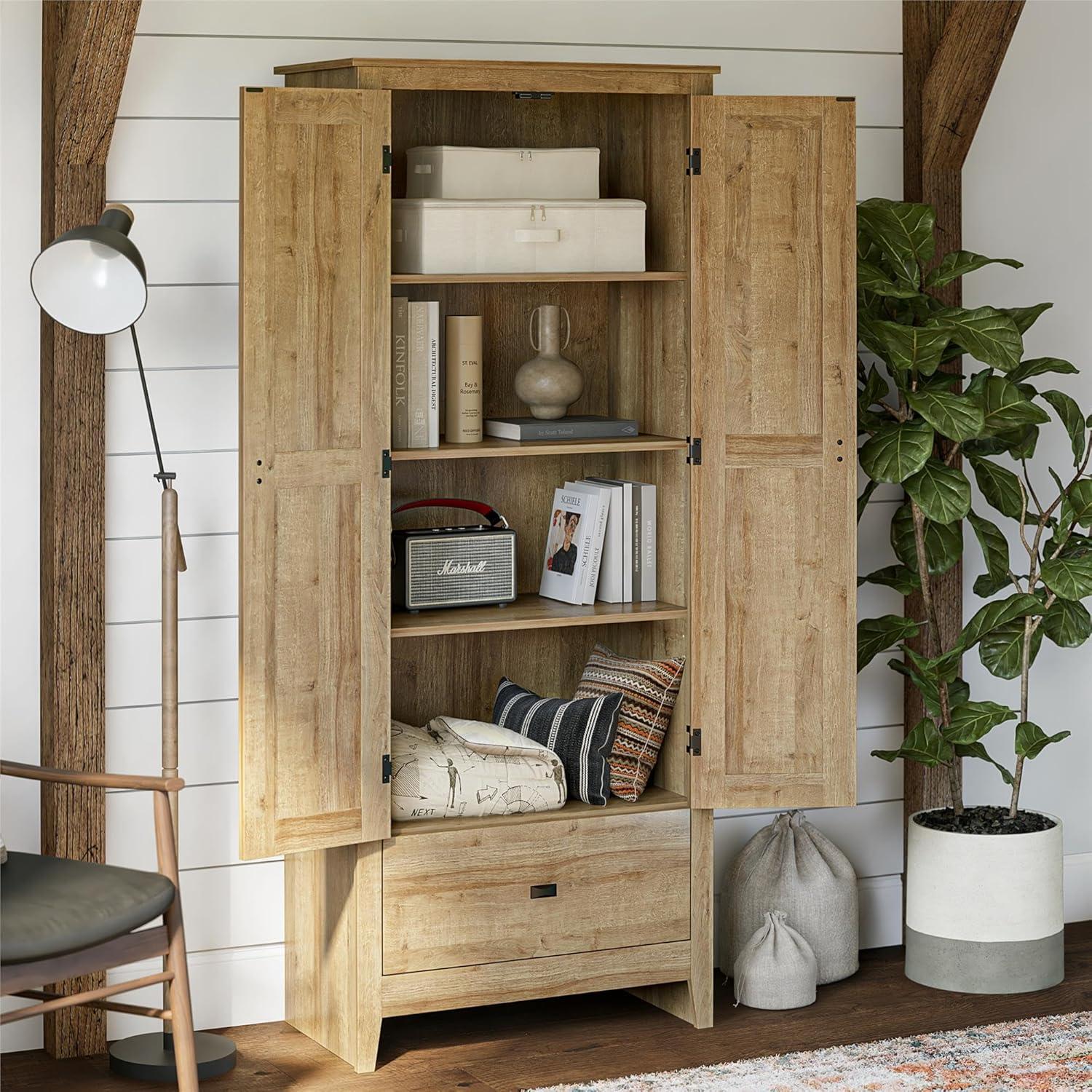 Natural Wood Freestanding Office Storage Cabinet with Adjustable Shelves