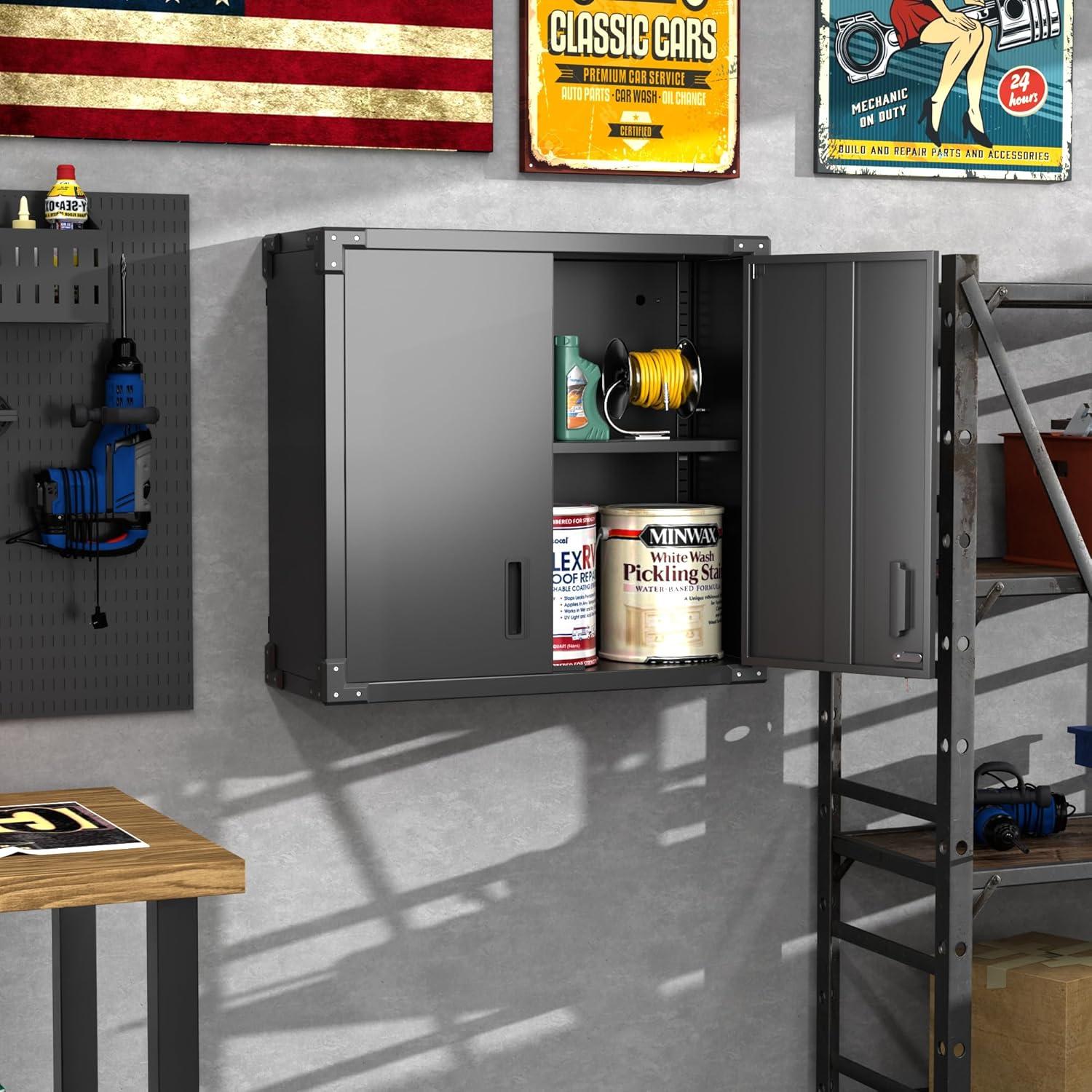 AOBABO Metal Garage Wall Mounted Storage Cabinet with Locking Door, Shelf, and Opened Drawer for Warehouse and Office Organization, Black