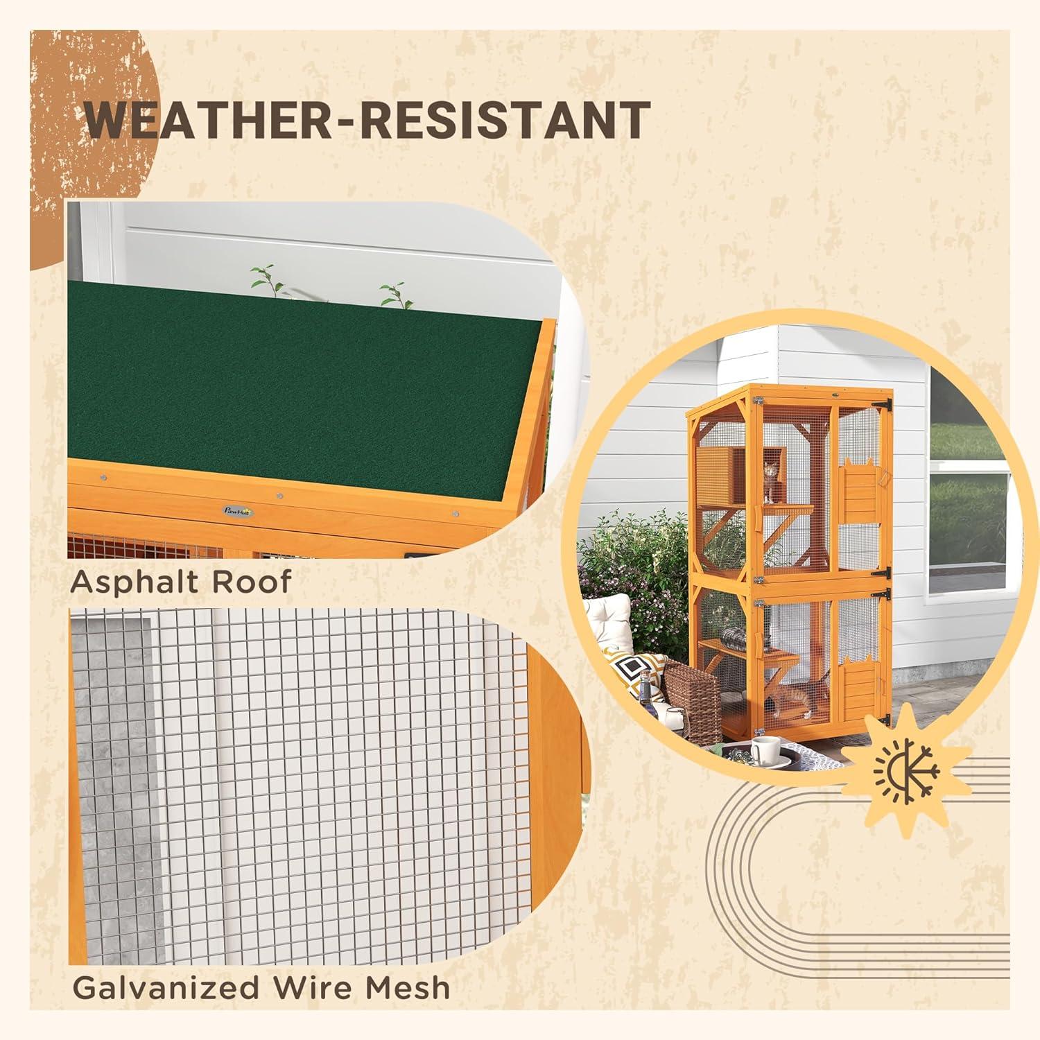 PawHut Catio Outdoor, Large Cat Enclosure, Wooden Kitten House, Elevated Design, with Wheels, Water-Resistant, Multi Platforms, for 1-3 Cats, Orange