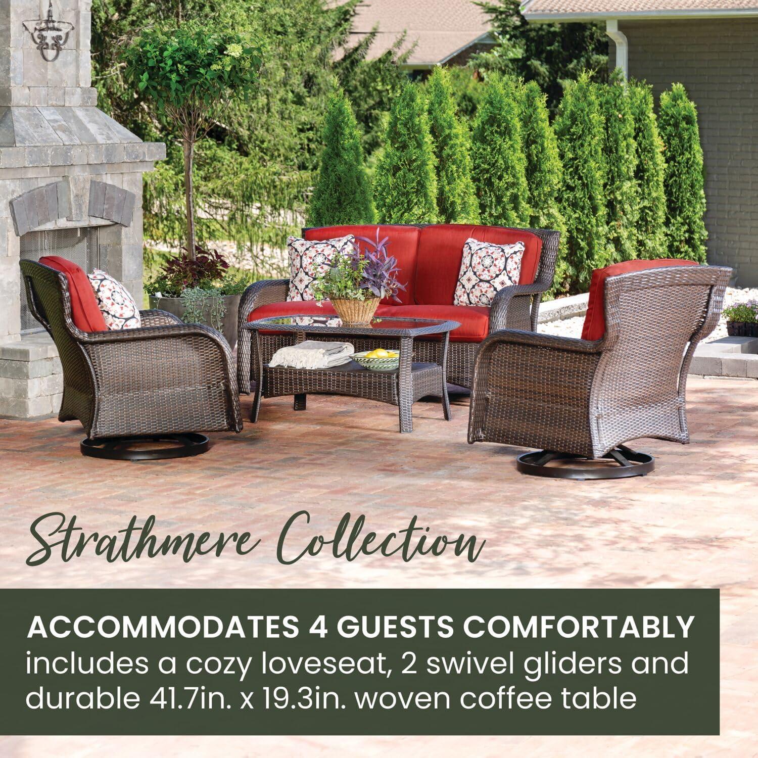 Hanover Strathmere 4-Piece Wicker and Steel Outdoor Conversation Set, Crimson Red