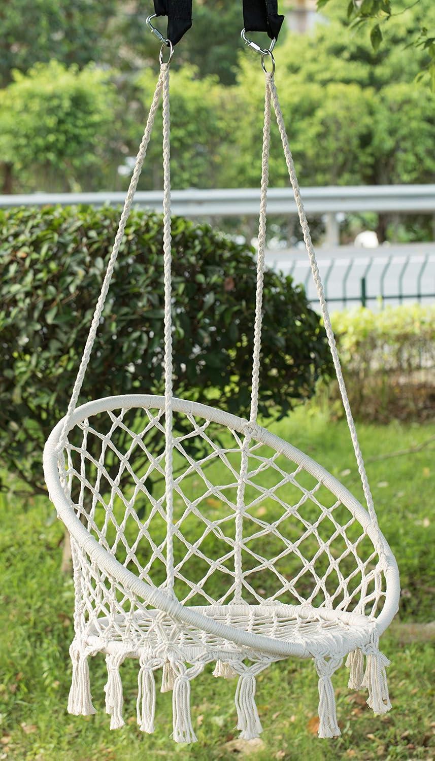 PLAYBERG Round Hanging Hammock Cotton Rope Macrame Swing Chair for Indoor and Outdoor