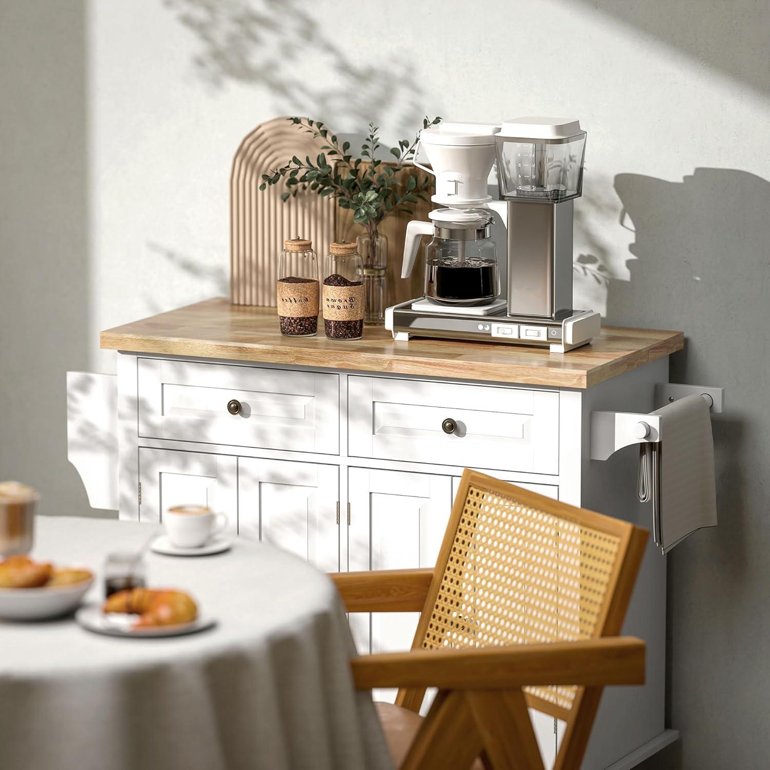 HOMCOM Kitchen Island on Wheels, Rolling Cart with Rubber Wood Top, Spice Rack, Towel Rack & Drawers for Dining Room, White