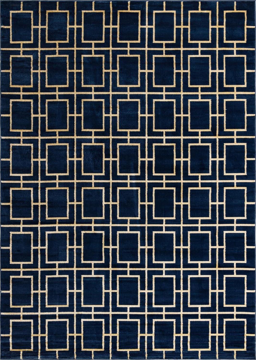 Navy Blue Gold Rectangular Trellis 10' x 14' Area Rug