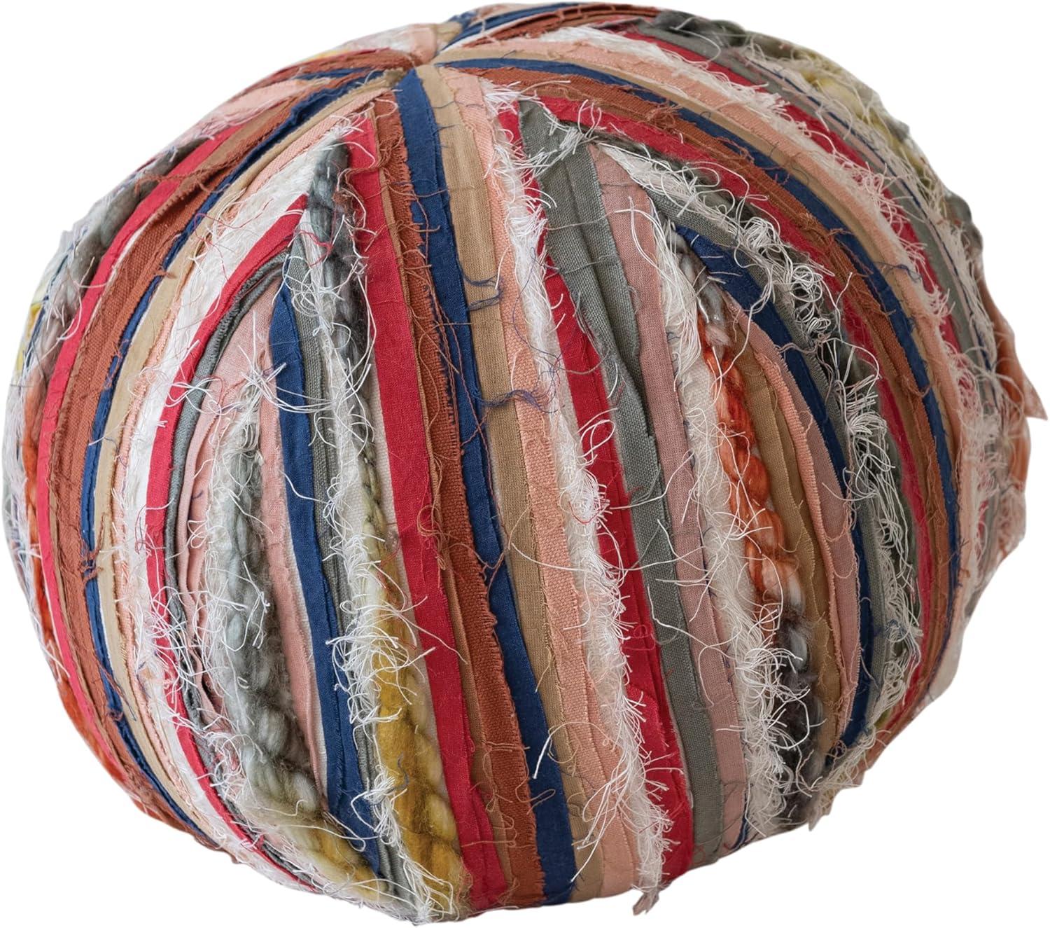 Multicolor Round Cotton Blend Pillow with Ripped Fabric Stripes