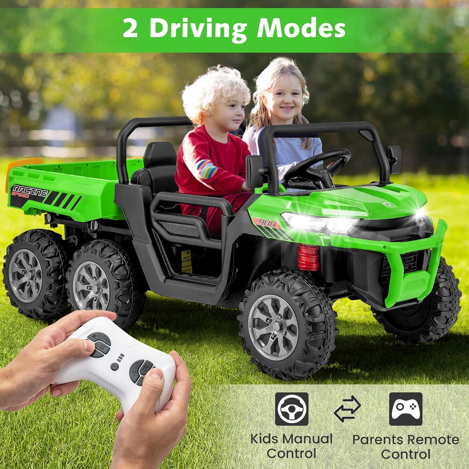 24V Ride on Toys with Remote Control, 2 Seater Electric Powered Ride on Dump Truck , 4WD 6-Wheel UTV Car w/ Tipping Bucket Trailer, Shovel, Suspension, Bluetooth Music, Big Kids, Green