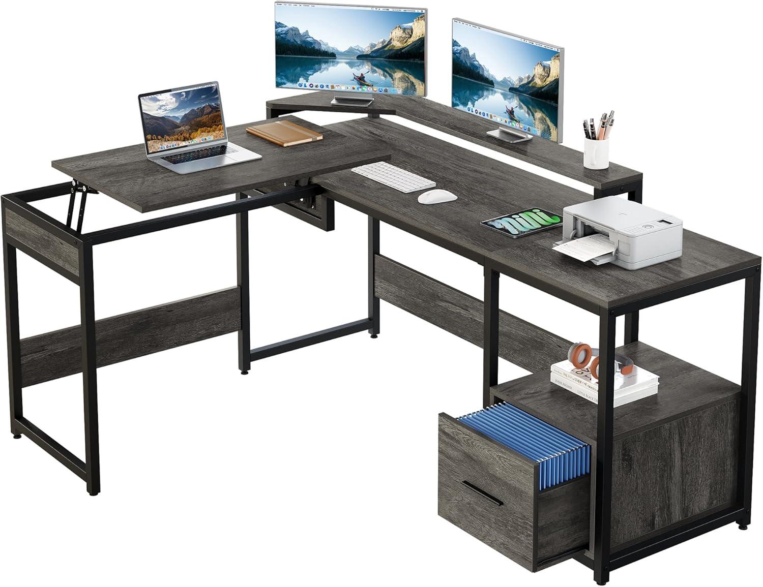 L Shaped Computer Desk with File Drawer, 65" L Shaped Desk with Monitor Stand, Height Adjustable Standing Desk , Gray