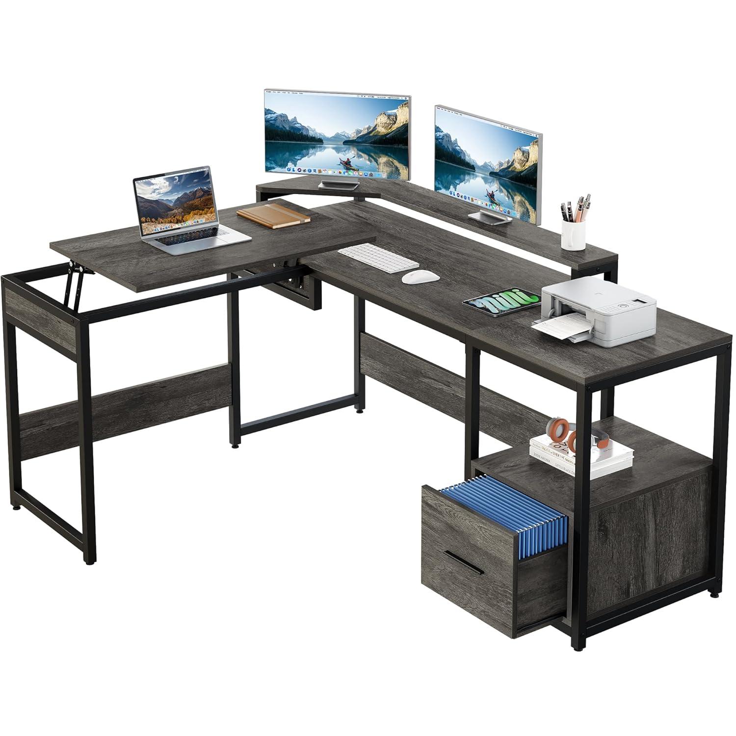 L Shaped Computer Desk with File Drawer, 65" L Shaped Desk with Monitor Stand, Height Adjustable Standing Desk , Gray