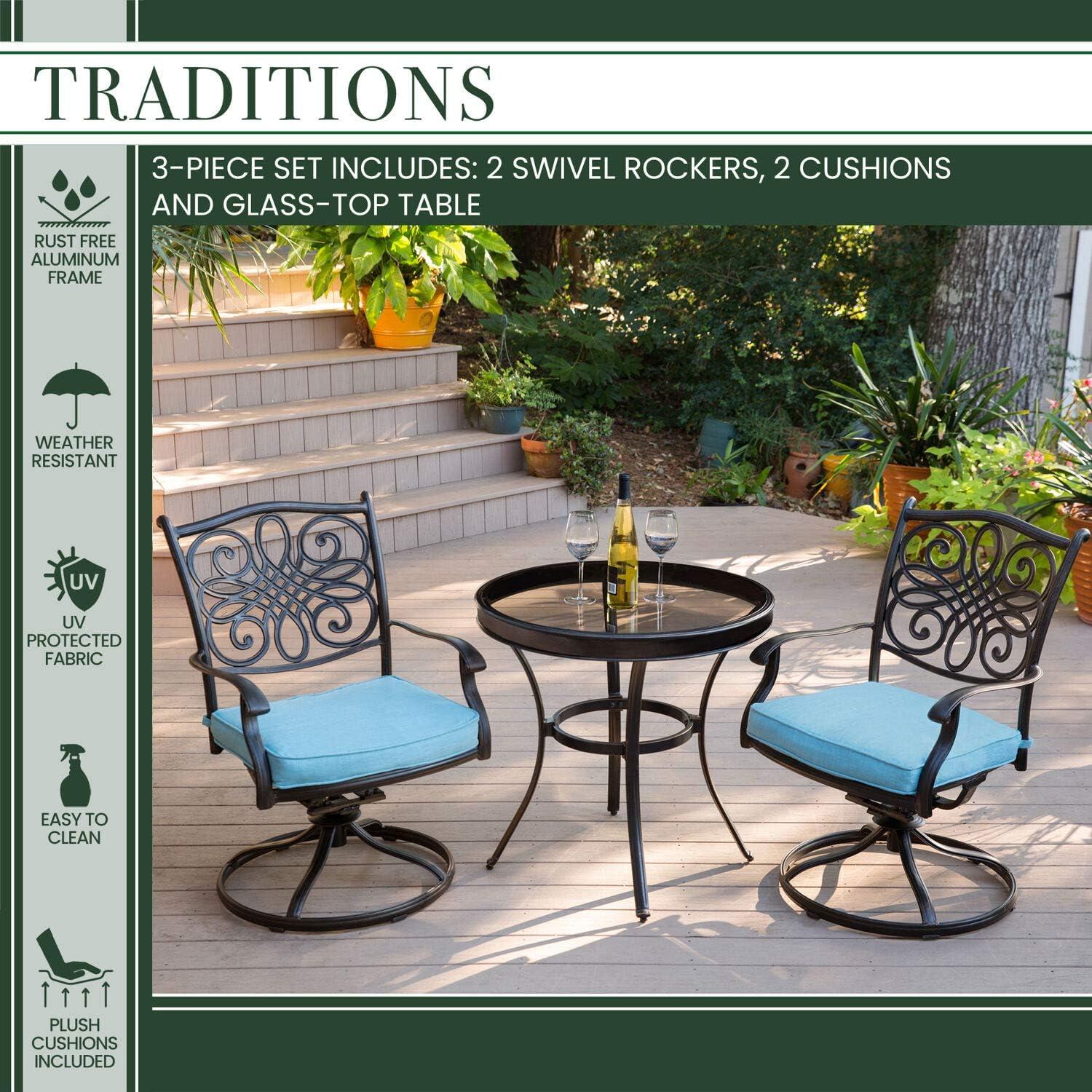 Elegant Traditions 3-Piece Cast Aluminum Swivel Bistro Set with Blue Cushions