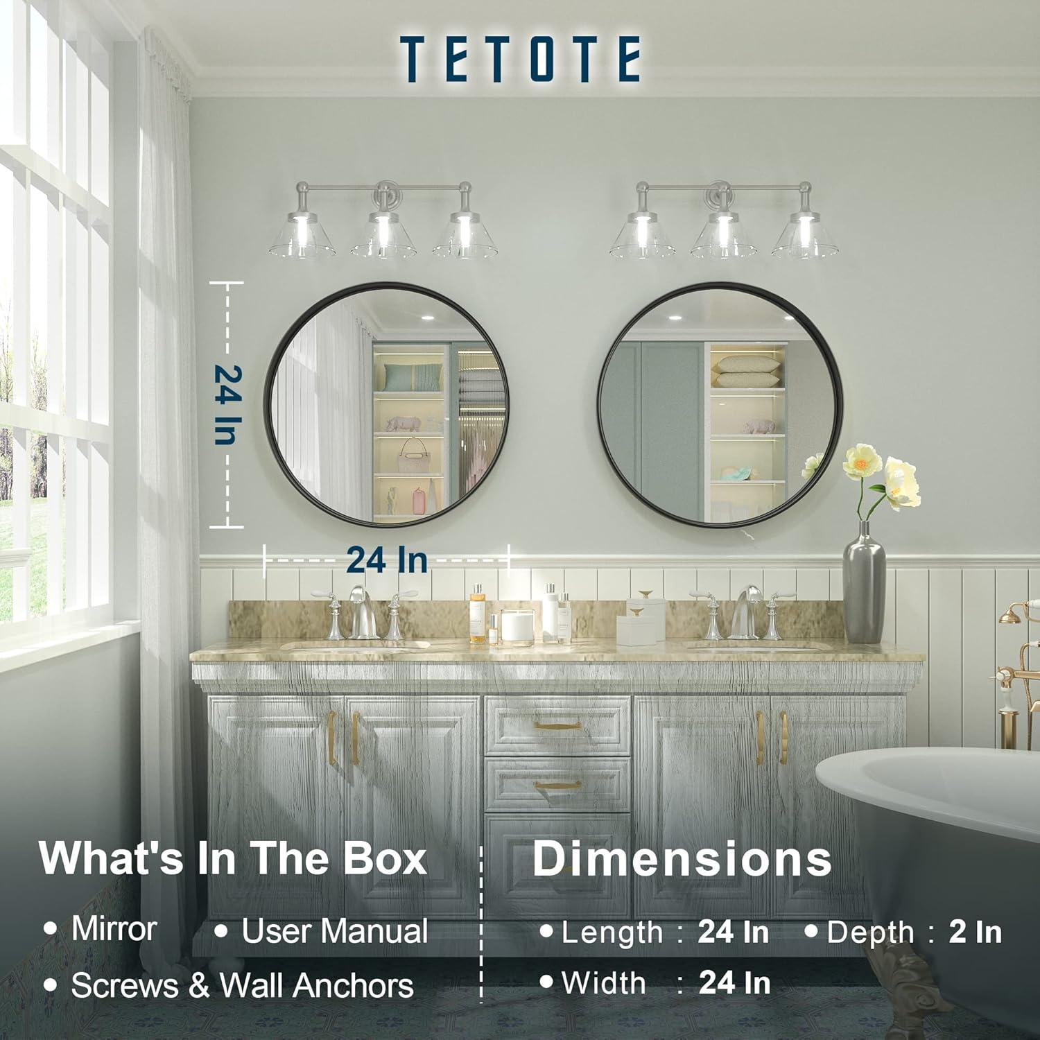Tetote Black Round Mirror for Bathroom, 24 inch Modern Circle Mirrors, Wall Mounted Matte Metal Frame Entryway Decorative Farmhouse Vanity Mirror