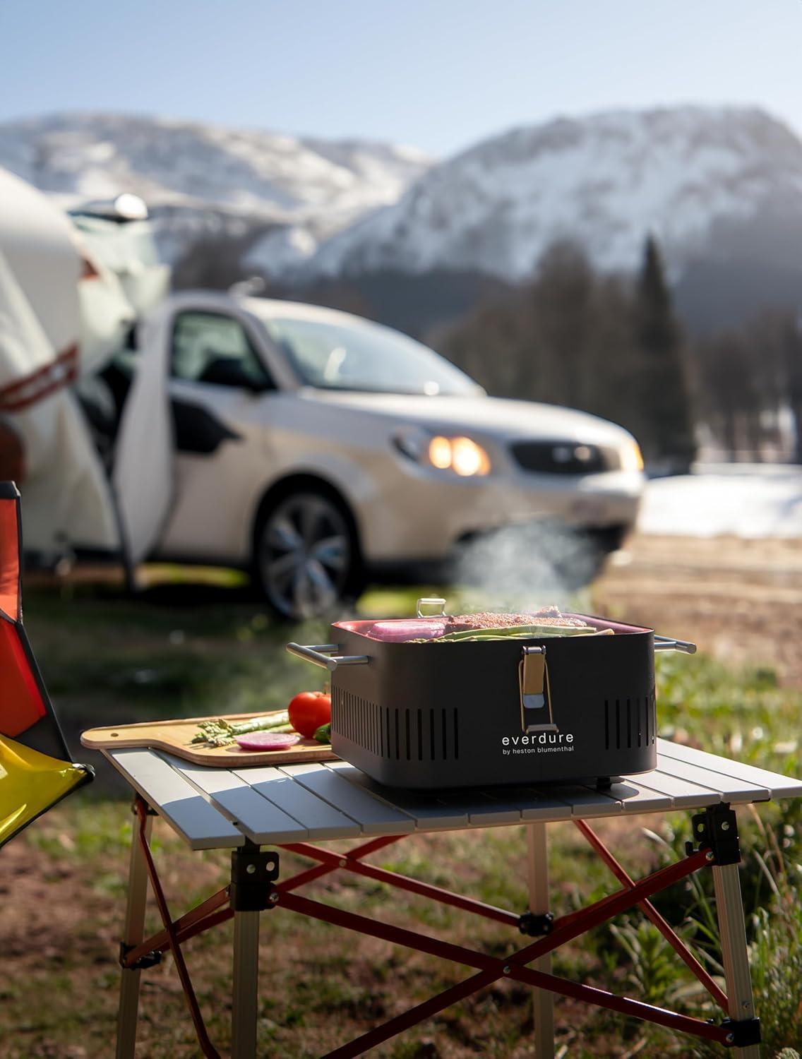 Compact Matte Black Charcoal Grill with Bamboo Preparation Board