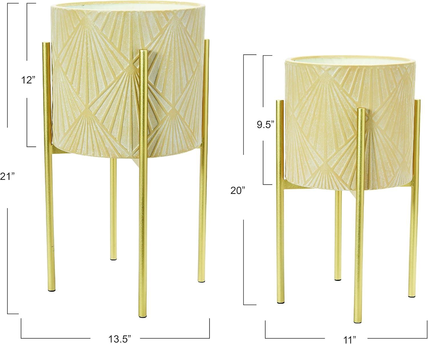 Cream and Gold Embossed Metal Planters with Stands, Set of 2