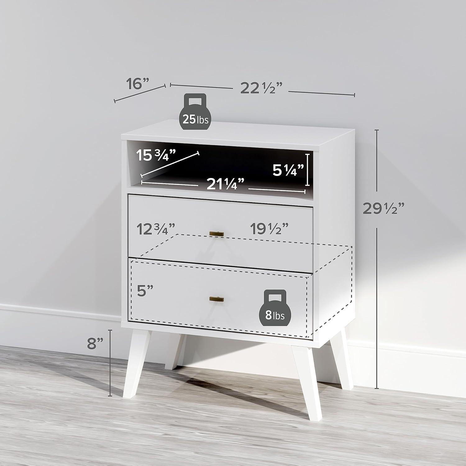 Mid Century Modern 2 Drawer Tall Nightstand with Shelf White - Prepac: Wood Laminate, Includes Anti-Tip Hardware