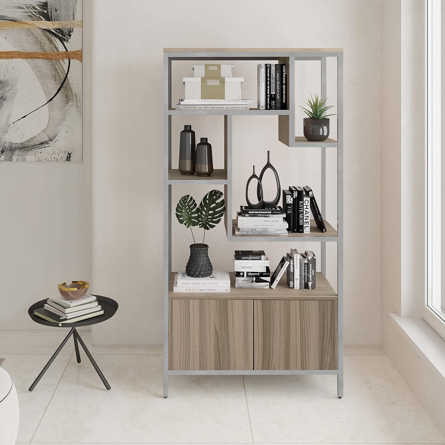 Oak and Silver Adjustable Bookcase with Doors