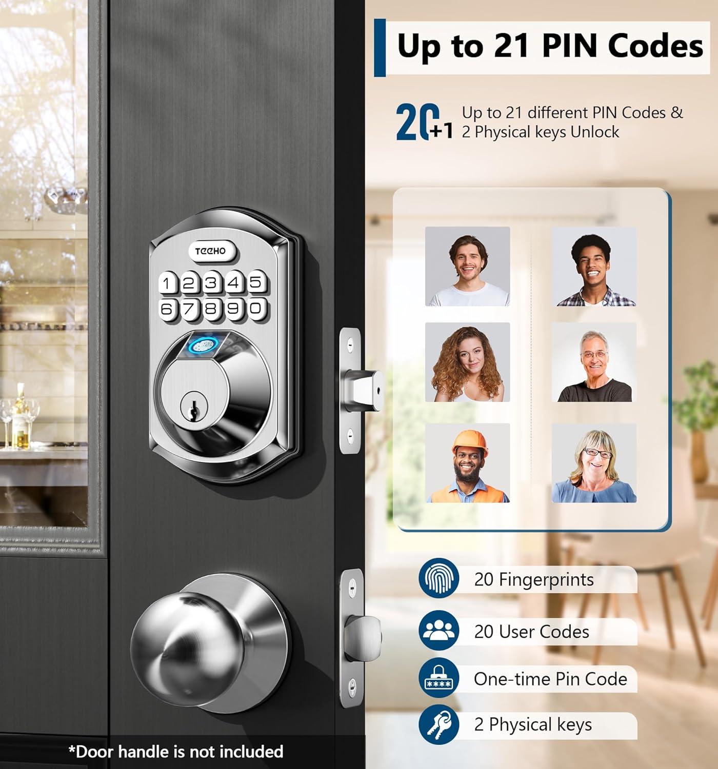 TEEHO Fingerpint Keyless Entry Keypad, Smart Digital Deadbolt Door Lock for Front Door, Remotely Share Temporary PIN Code, Easy Installation-Satin Nickel