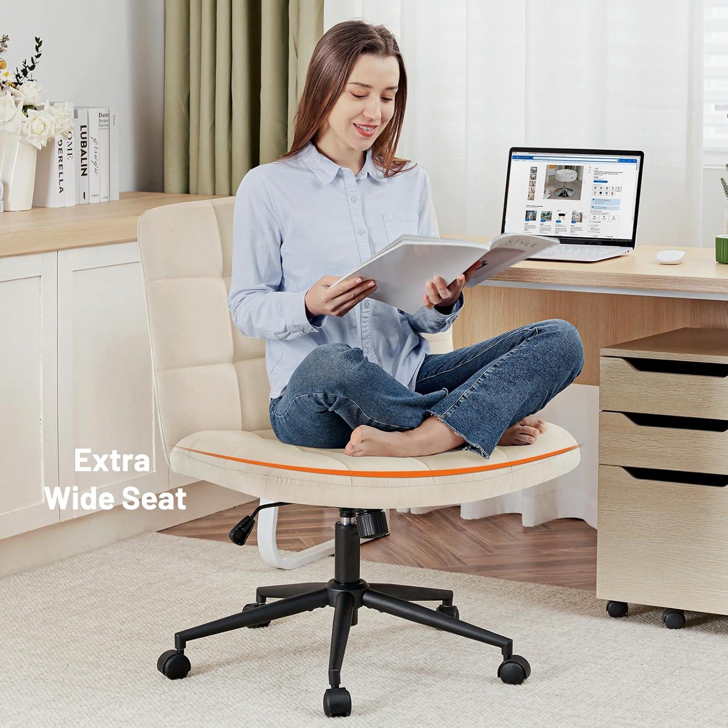 Furniliving Home Office Desk Chair with Wheels,Criss Cross Legged Wide Chair Armless Height Adjustable Chair with Mid Back Swivel Accent Vanity Chairs,Linen-Beige
