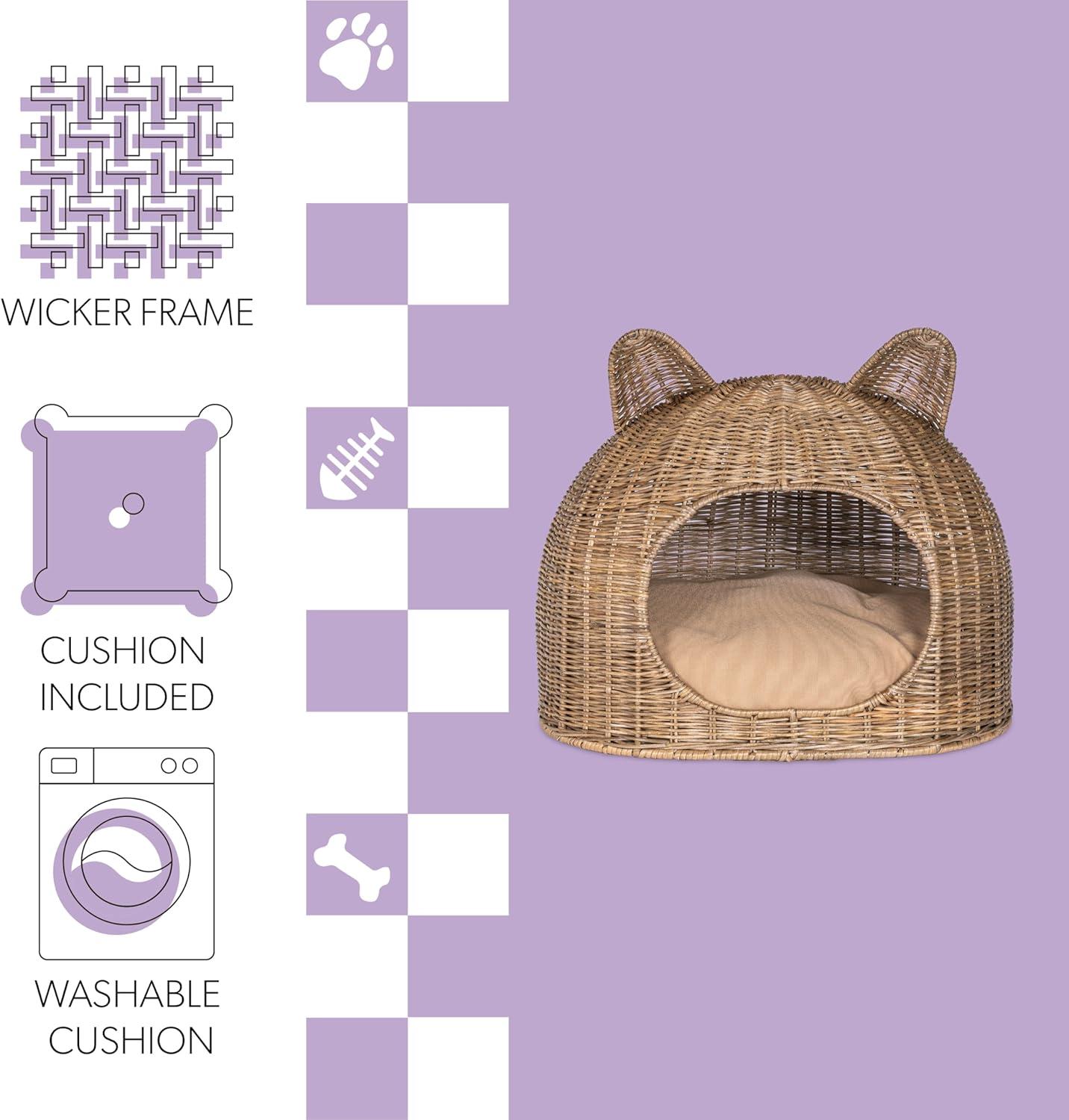 Cat Ear Coastal Handwoven Rattan Cat Bed with Machine-Washable Cushion