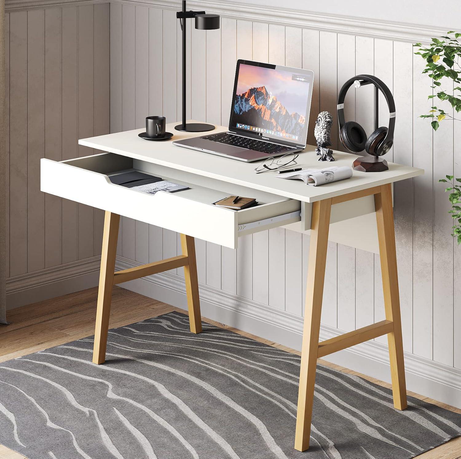 White Rectangular Modern Wood Writing Desk with Drawer