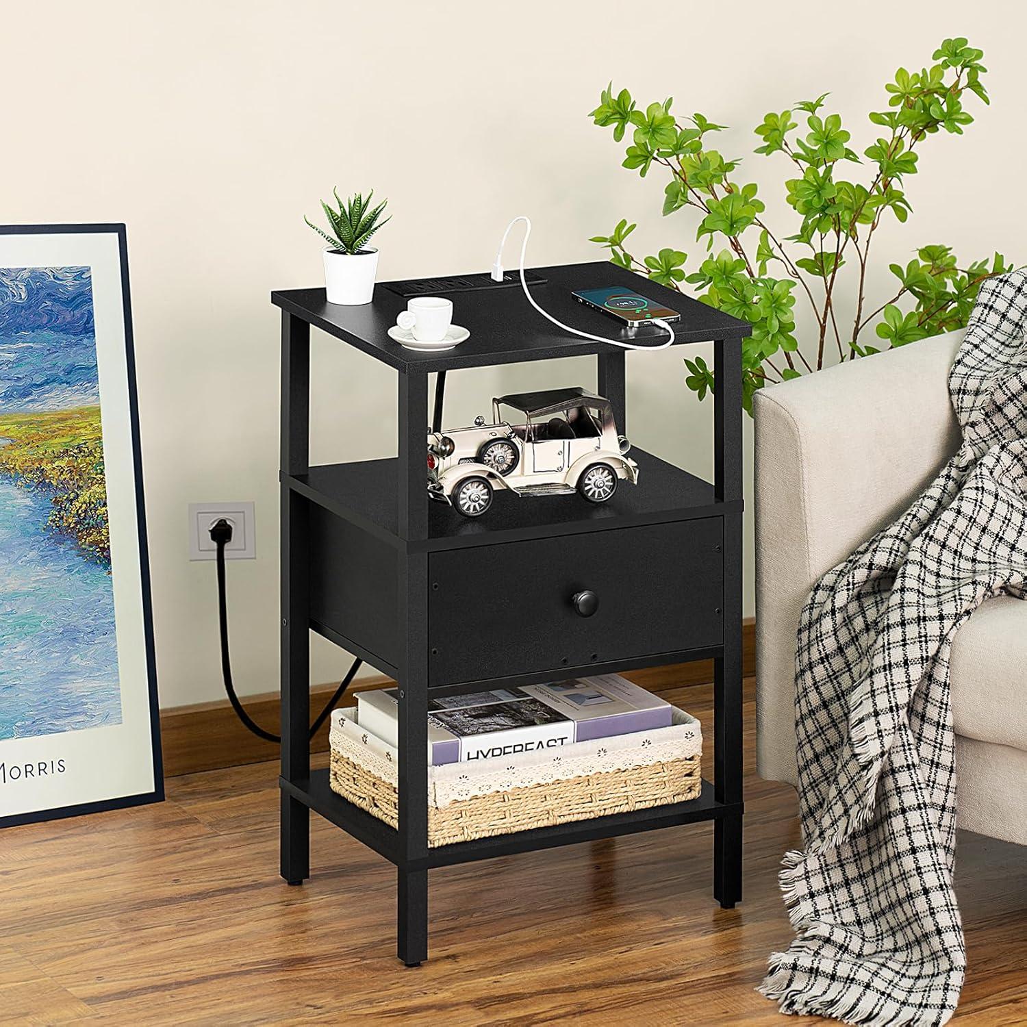 Black Wood 3-Tier Nightstand with Charging Station