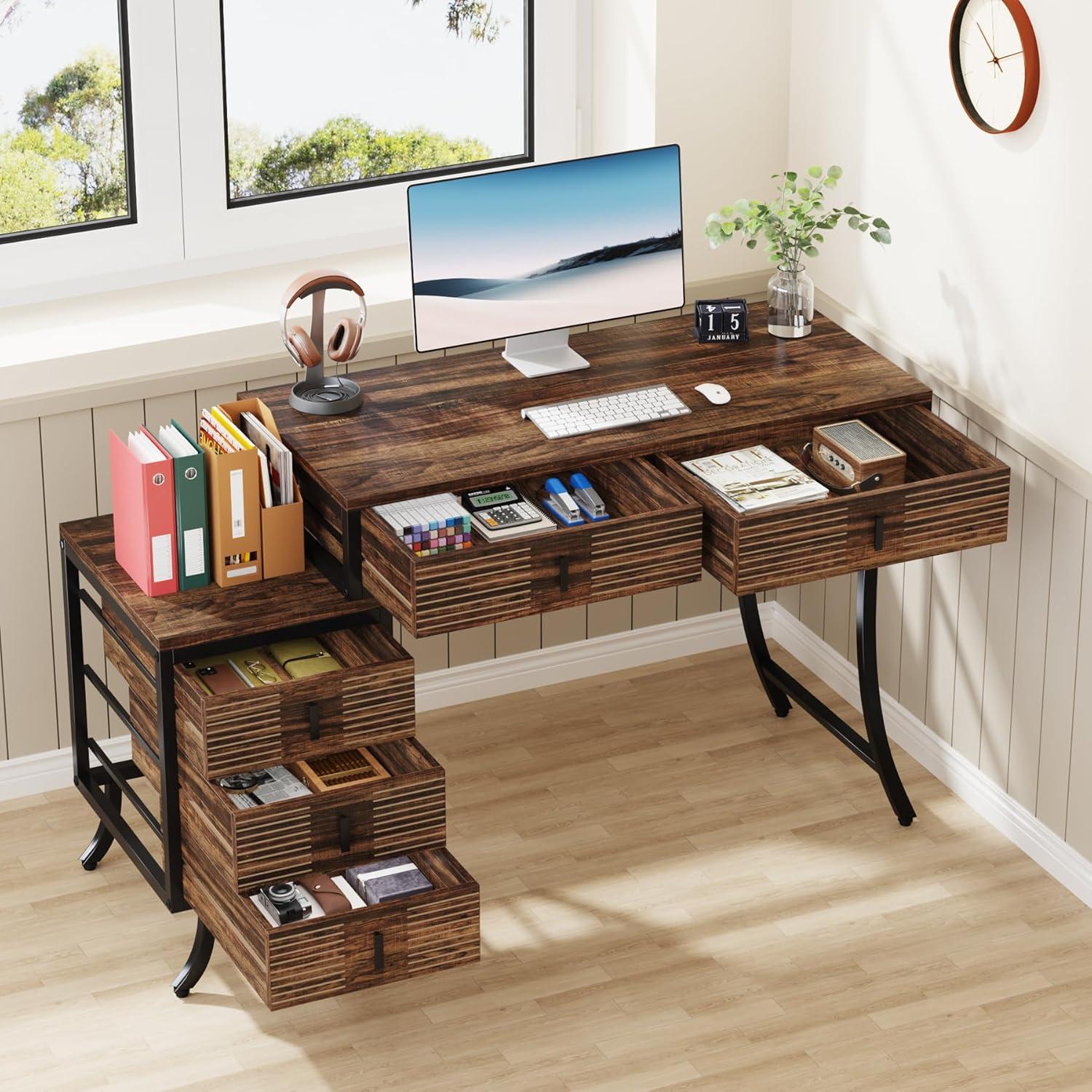 Finmind Computer Desk with 5 Drawers, 55" Home Office Desk with Reversible Drawer Cabinet