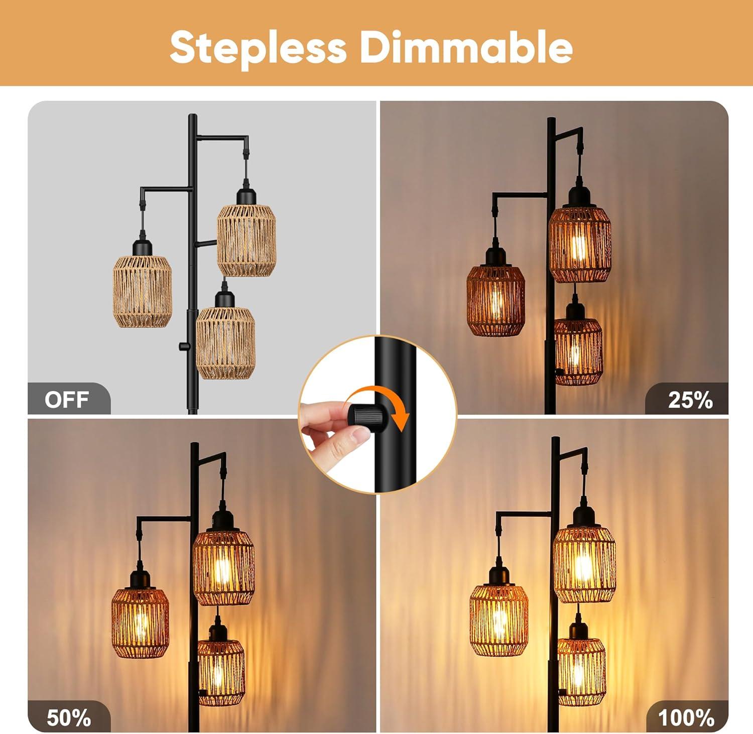 Breakwater Bay Dimmable Boho Floor Lamp - 3 Light Farmhouse Rattan Floor Lamp For Living Room, Industrial Tree Floor Lamps With 3 X 6W LED Bulbs, Rustic Standing Tall Lamp For Bedroom, 68", Black + Gray