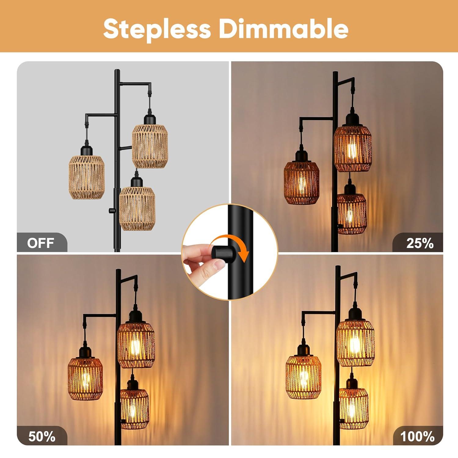 Breakwater Bay Dimmable Boho Floor Lamp - 3 Light Farmhouse Rattan Floor Lamp For Living Room, Industrial Tree Floor Lamps With 3 X 6W LED Bulbs, Rustic Standing Tall Lamp For Bedroom, 68", Black + Gray