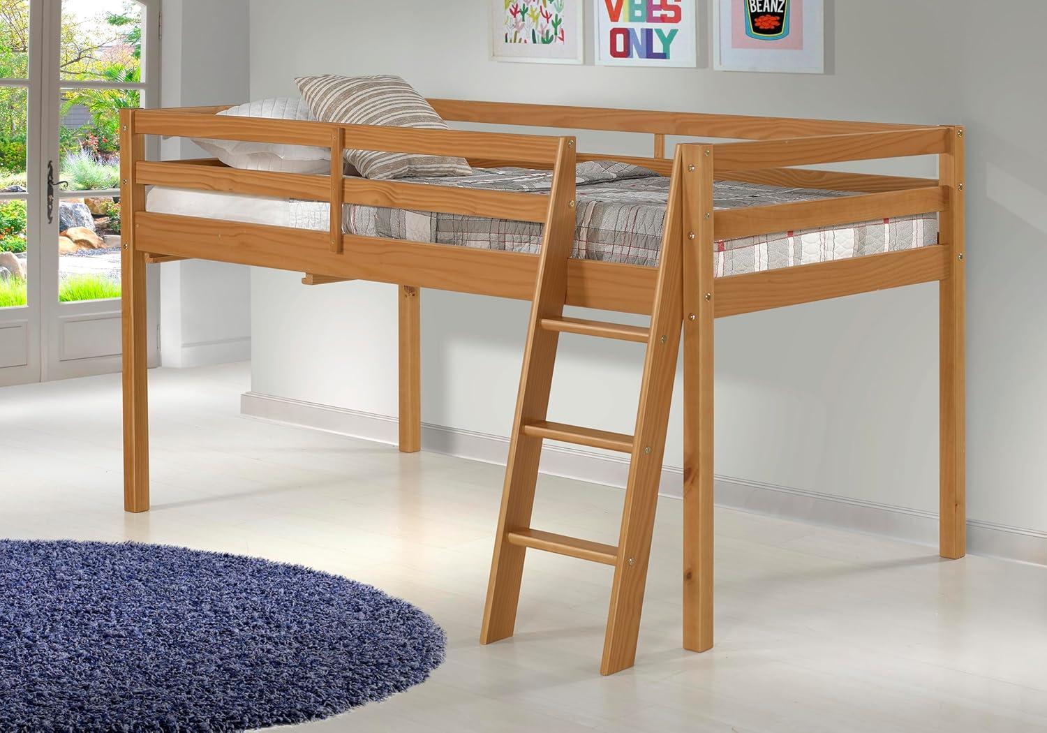 Kwinana Roxy Twin Size Junior Wood Loft Bed, Sturdy Wooden Frame for Kids - Includes Built-in Side Desk & Open Shelving for Storage, Children's Furniture