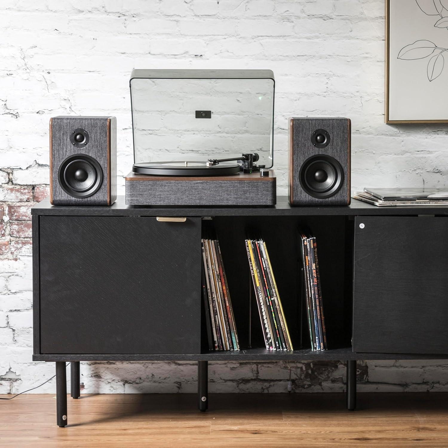 Charcoal and Brown Bluetooth Record Player with Speakers