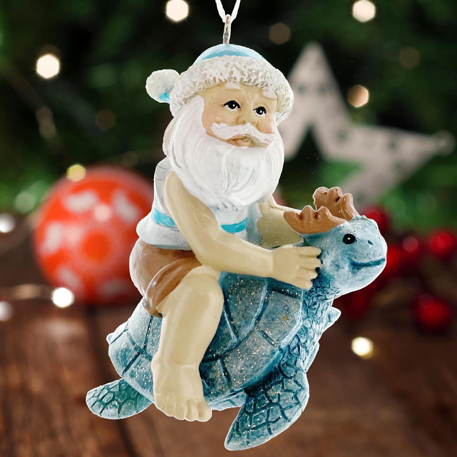 Sea Turtle Seahorse Ornaments - Beach Santa Riding Marine Animals Coastal Holiday Tree Decorations, Set of 2