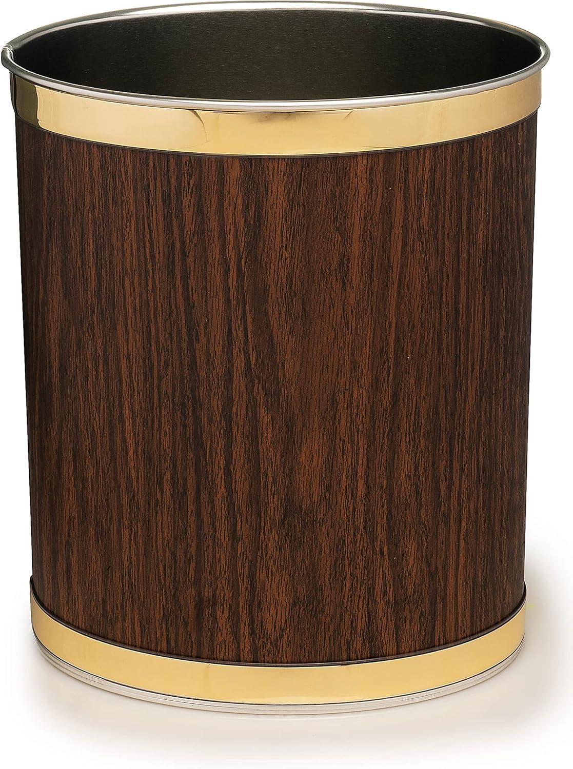 Made in USA 5-Gallon Sleek and Stylish Vinyl Mylar Waste Basket (13" X 11") (Walnut With Gold Trim)