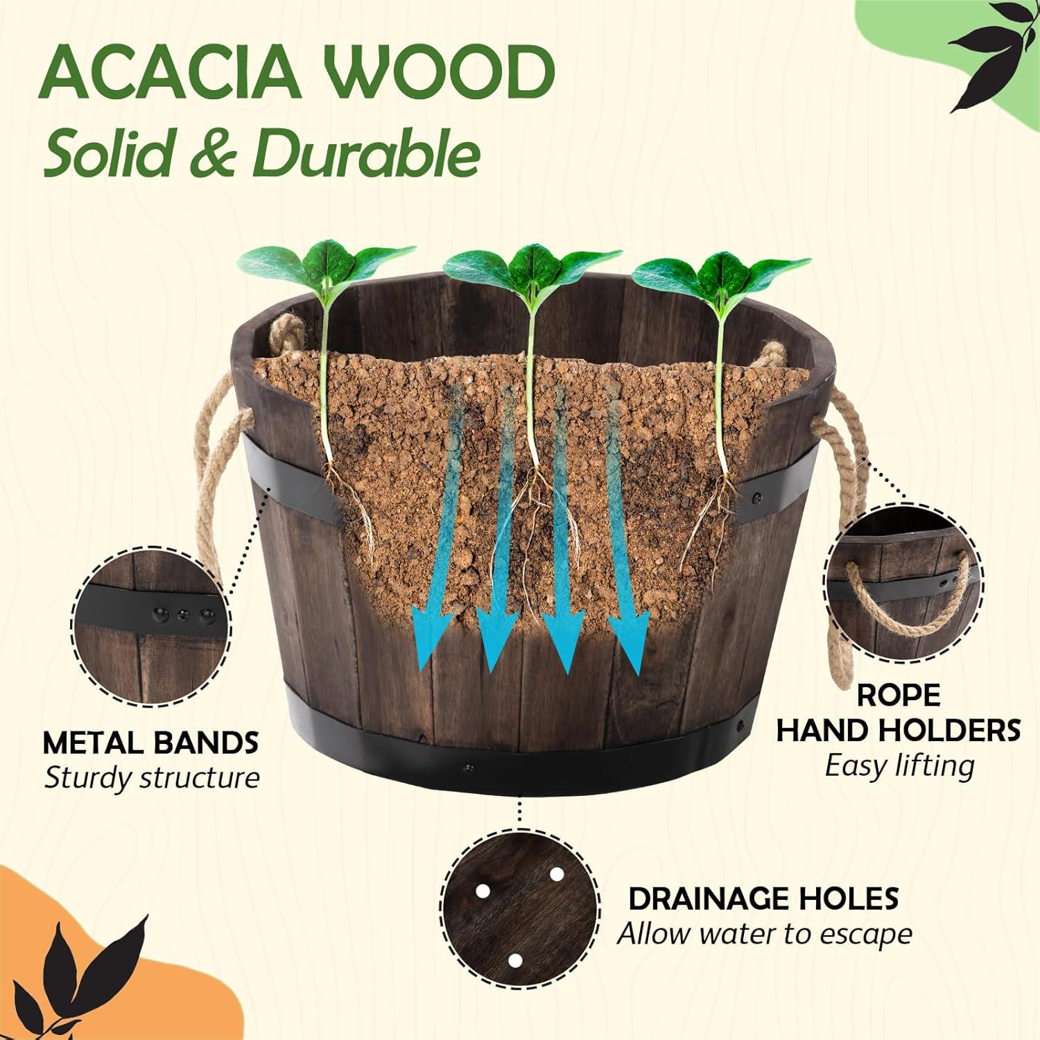 Set of 3 Dark Brown Acacia Wood Round Planter Boxes with Rope Handles