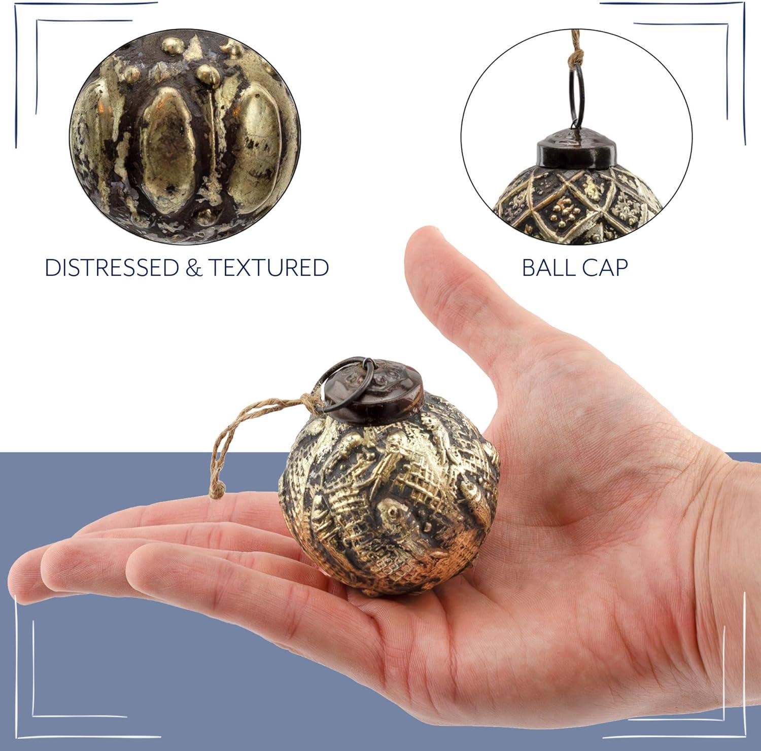 AuldHome 2" Farmhouse Ball Ornaments, Set of 6; Distressed Metal Tin Glass Ball Vintage Style Christmas Decorations