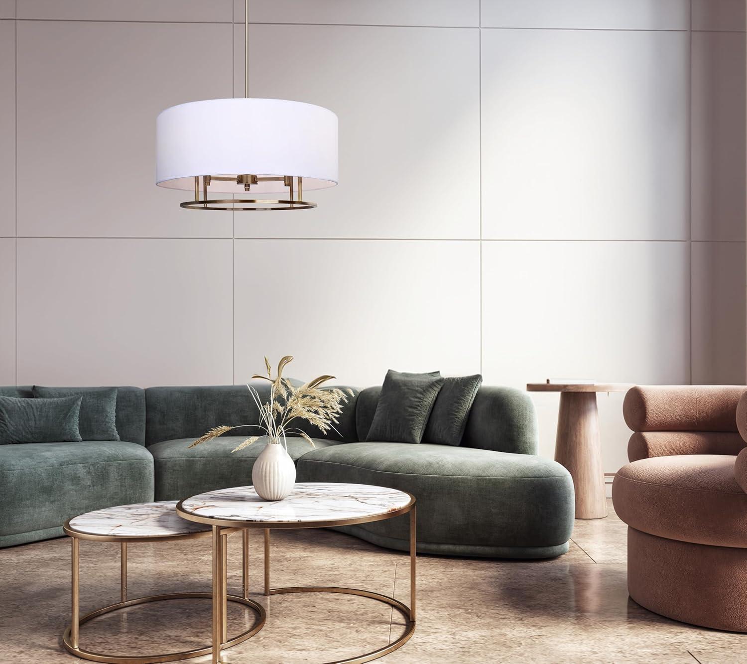 Aria Halo 3-Light Drum Chandelier, 24-Inch Wide Modern Gold Pendant with White Fabric Shade, Adjustable Height Ceiling Light