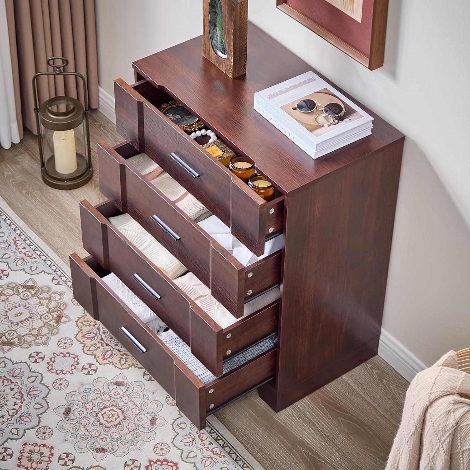 Ebern Designs Farmhouse Cherry Red Curved Tall 4 Drawers Dresser for Bedroom, 4 Chest of Drawers for Closet